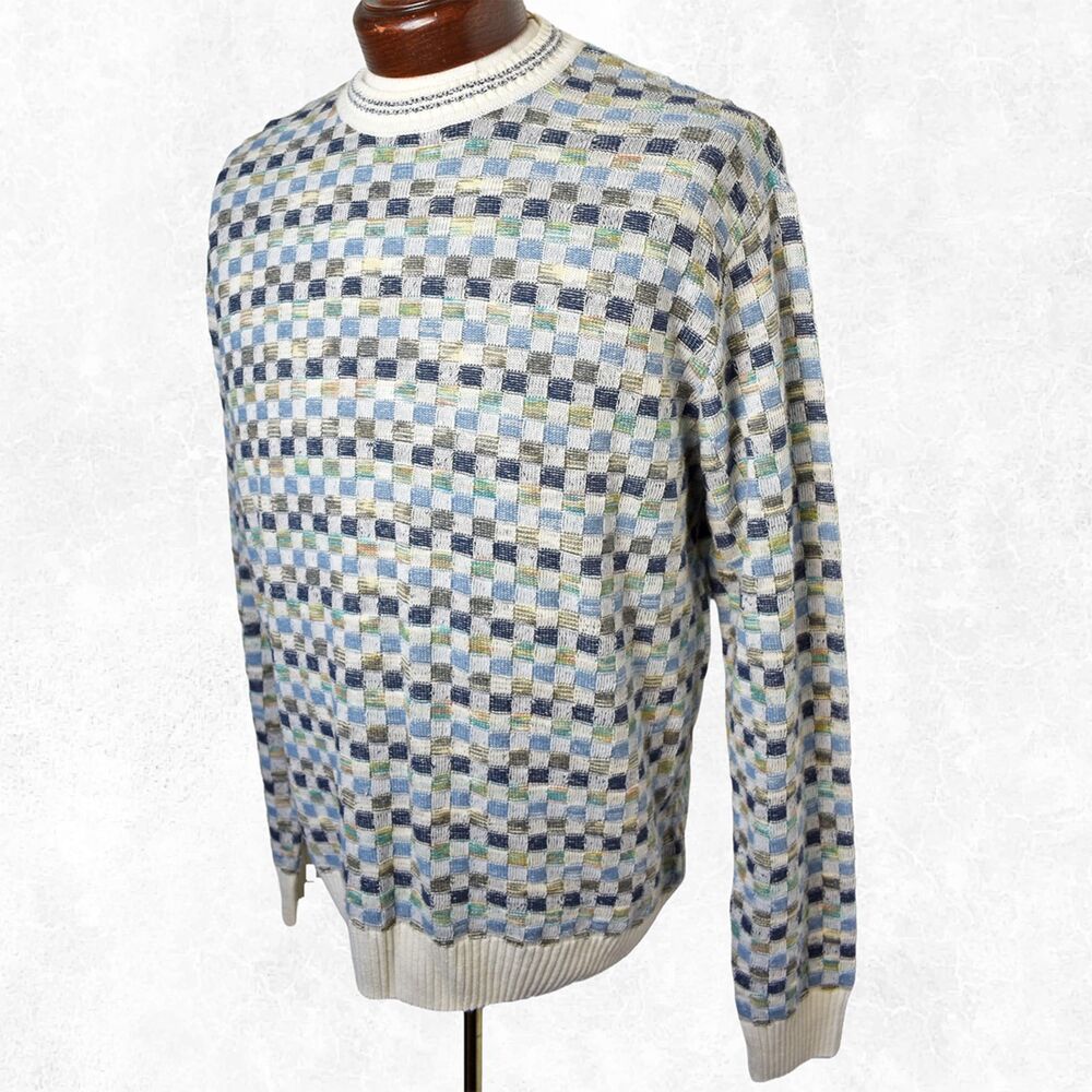 Danti Made in Italy Men’s Large Cotton Blend Checkered Knit Crewneck Sweater